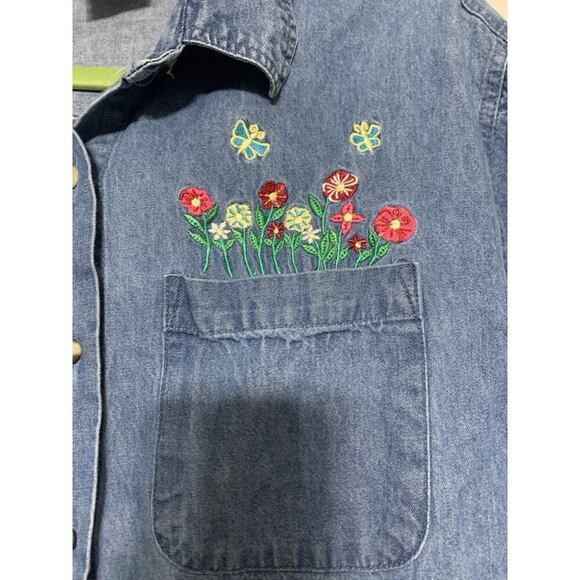 Vintage Mississippi River Blues Floral & Butterfly Embroidered Denim Top L - Picture 2 of 6